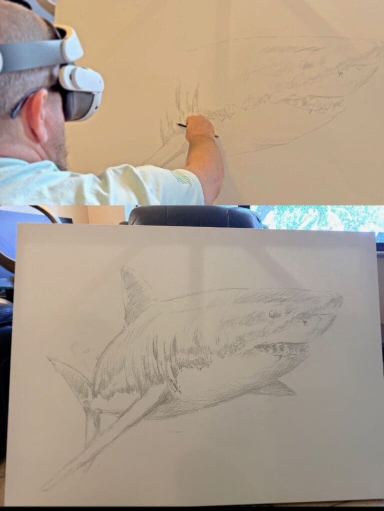 Marine artists Derek Redwine and Dennis Friel creating a Great White Shark painting for the Knot Lucky Foundation at ICAST 2026.